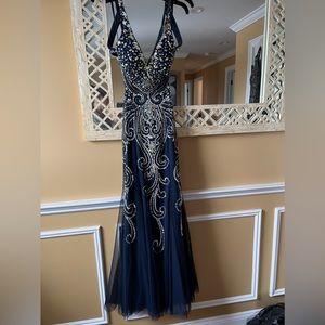 Navy blue sequin prom dress! Open back. Mermaid bottom